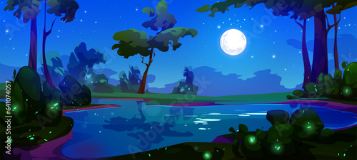 Moon in night sky above forest lake cartoon background. Star reflection in pond water with beautiful skyline panorama view. Magic moonlight with firefly peaceful nature game picture at nighttime