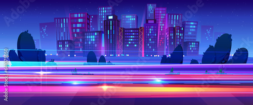 Night neon city light on speed car road vector background. Fast line motion effect on abstract cityscape view. Metaverse technology urban landscape. 5g network speedway power illustration scene