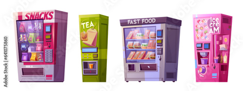 Vending machines with fast food, snacks, tea and ice cream. Equipment for automatic meals and drinks selling. Cartoon vector set of retail automated dispensers filled with wide assortment of products.