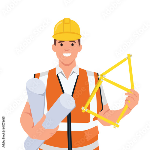 architect builder worker. construction engineer. man wearing helmet. Flat vector illustration isolated on white background