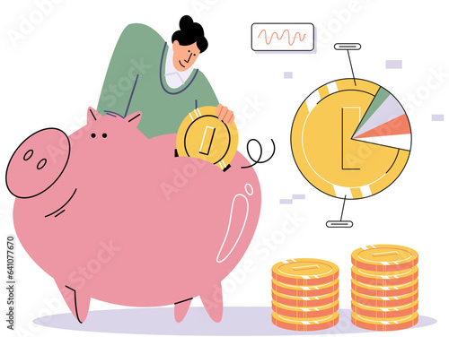 Woman puts money in piggy bank with coins and dollar bills. Concept of banking, saving money, deposit, cash back. Open bank deposit, plan finance budget, investment. Diversification of savings