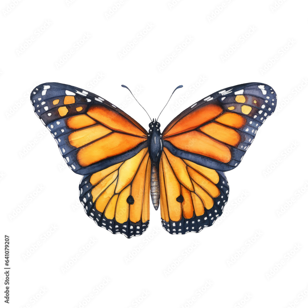 Fototapeta premium Monarch butterfly watercolor clipart on transparent background. Generative AI illustration