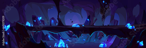 Underground mine with crystal vector background. Dark cave graphic with glossy stone on scary landscape. Mysterious treasure inside mountain under ground cavern. Prehistory game level panorama