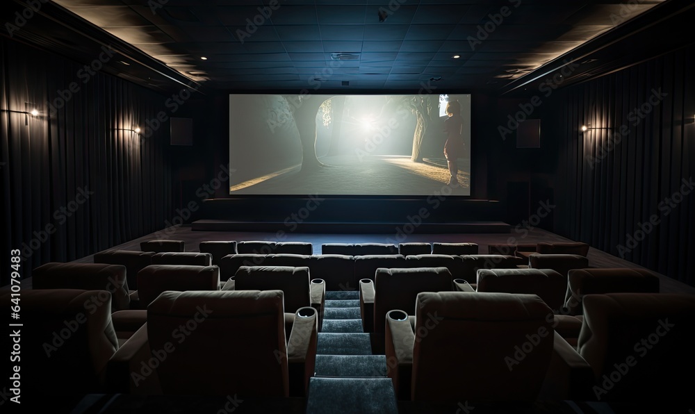 Photo of an empty theater with red seats and a projector screen