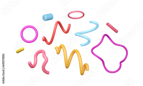 3d graphic elements set. Wavy line, circle, gradient sticks. Party decoration, bright swirl, artistic plastic doodle render. Vector illustration. Geometric shapes.