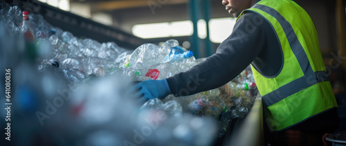 Garbage man working to recycle plastic bottle stack to conveyor line, garbage industry.