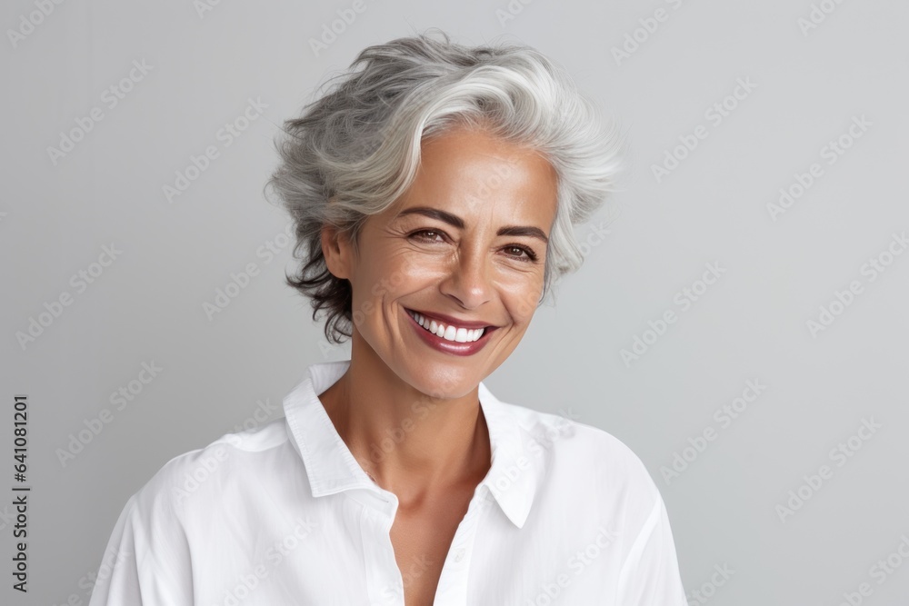 Beautiful gorgeous 50s mid age beautiful elderly senior model woman with grey hair laughing and smiling. Mature old lady close up portrait. Healthy face skin care beauty, skincare cosmetics, dental.