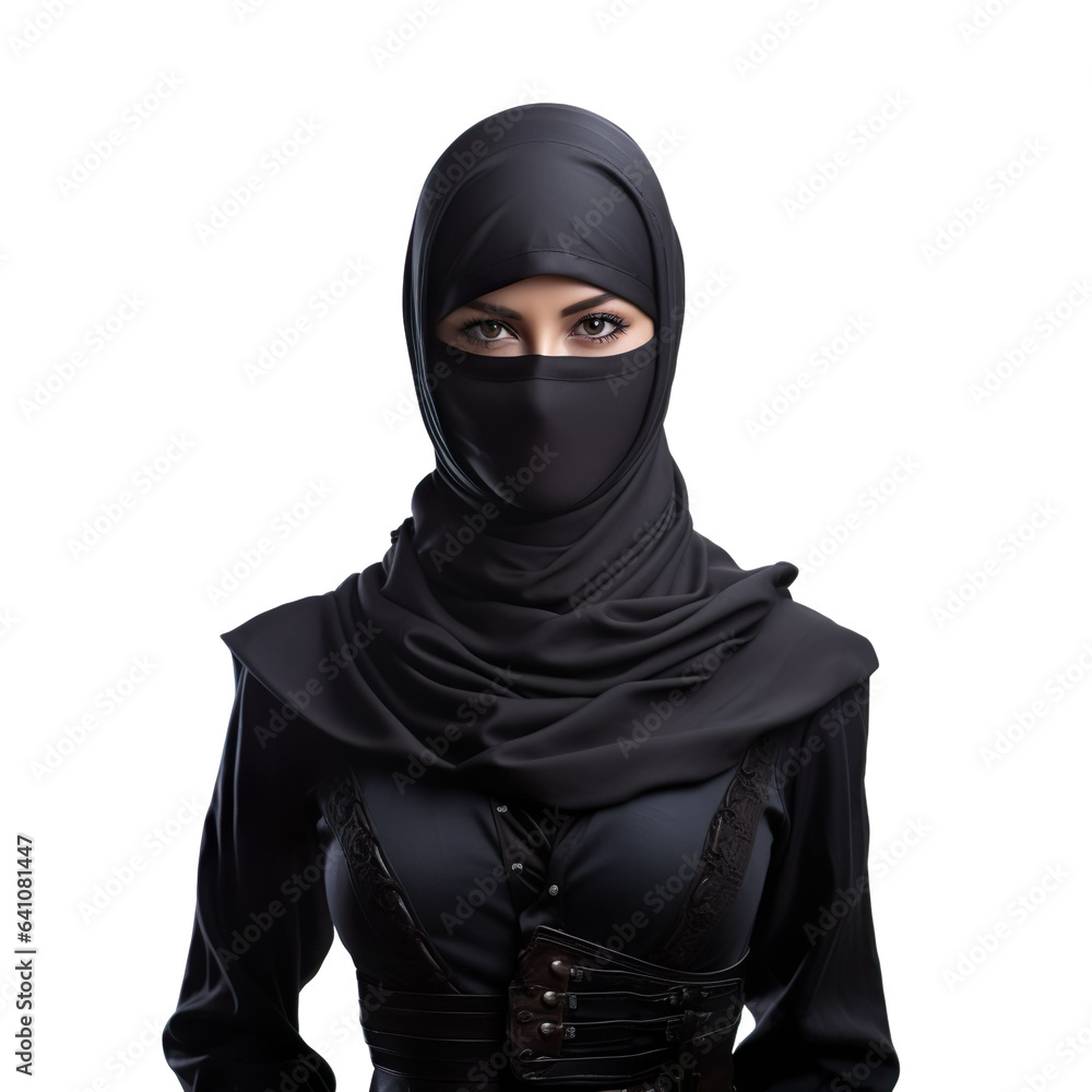 Halloween costumes - Front view mid shot of Asian woman dressed as ninja isolated on white transparent background Halloween costumes - Front view mid shot of Asian woman dressed as ninja isolated on white transparent background