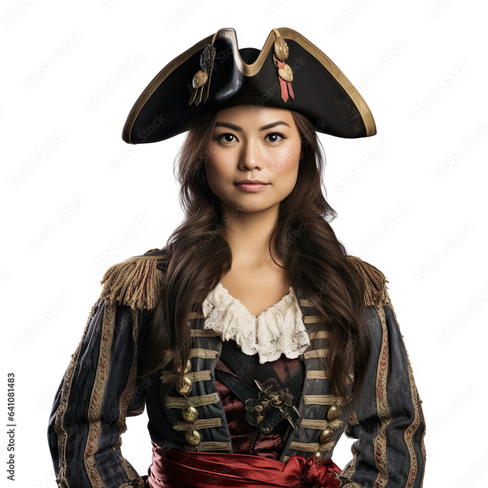 Halloween costumes - Front view mid shot of Asian woman dressed as pirate isolated on white transparent background Halloween costumes - Front view mid shot of Asian woman dressed as pirate isolated on white transparent background