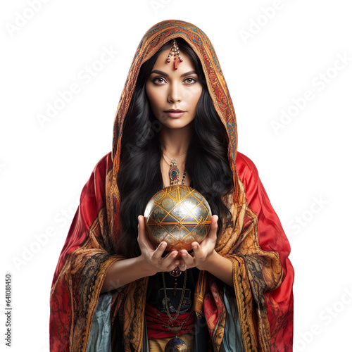 Halloween costumes -  Front view mid shot of Asian woman dressed as fortune-teller isolated on white transparent background photo