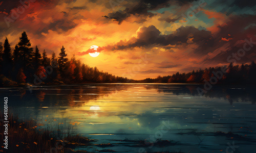 Sunset Lake - a landscape with a beautiful, peaceful sunset and a calm lake. Generative AI