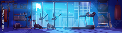 Night fitness gym room interior for sport workout vector illustration. Weight exercise equipment in gymnasium. Treadmill and elliptical trainer for cardio in studio with cityscape and moonlight