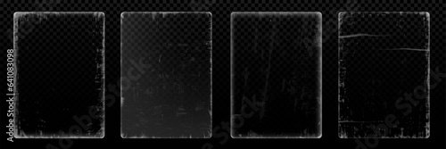 Worn grunge vinyl texture - realistic vector illustration mockup with old and distressed paper photo or CD disk cover frame with transparent overlay effect. Rectangular pattern with aged rough edge.
