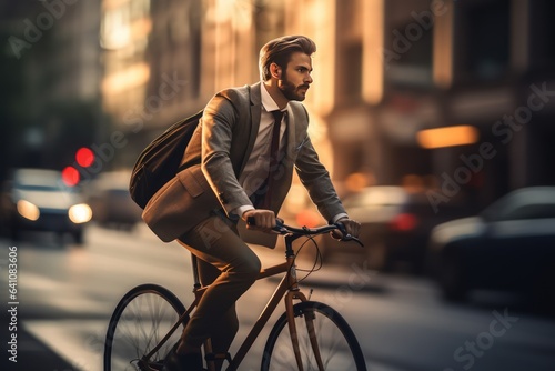 Cycling commuter - a young american man riding a bicycle on a road in a city street. Blurry urban background.