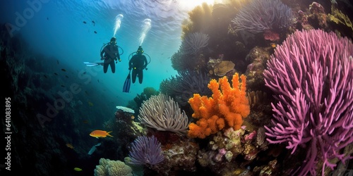 Divers enjoy the colorful soft coral reefs underwater © somchai20162516