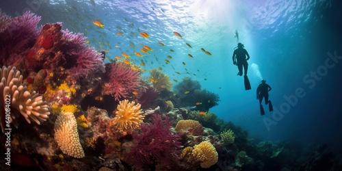 Divers enjoy the colorful soft coral reefs underwater