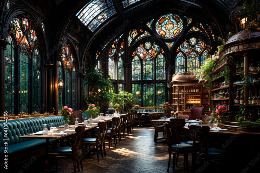 restaurant in hotel, gothic style, ai generated