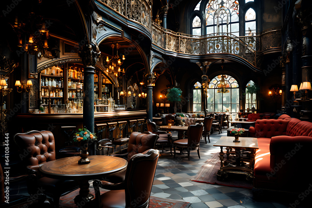 lobby bar in hotel, gothic style, ai generated