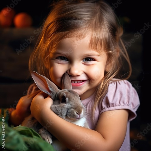 Little smiling girl holding a rabbit