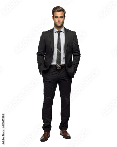 full body view of a 30 years old young handsome business man with an upset expression on his face on transparent backgrounds . Generative AI
