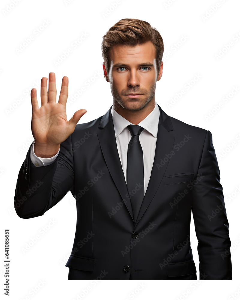 closeup portrait of business man with suit, gesturing stop with hands on transparent backgrounds . Generative AI closeup portrait of business man with suit, gesturing stop with hands on transparent backgrounds . Generative AI