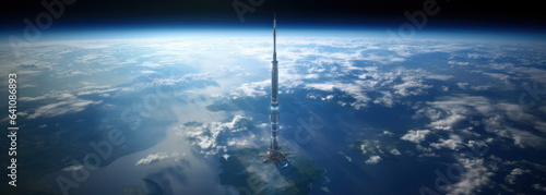 Space elevator. A large tower extending above the atmospherical clouds. A space station or Space transit gateway. Moon in the background. Future technoloigies. Generative AI.