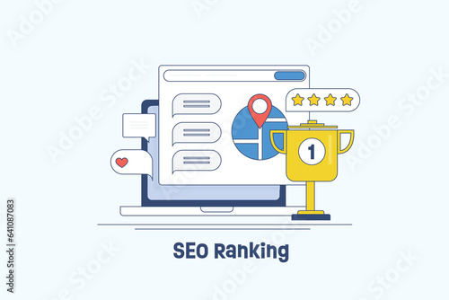 Top seo ranking, first position on search engine page laptop screen, Business location with red map point, trophy for successful SEO optimization strategy, filled outline vector illustration.