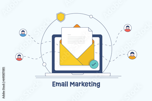 Email marketing network communication with business customers, marketing strategy, open secure email message from laptop, vector illustration web banner.