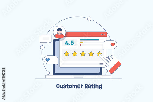 Customer rate service, satisfied client leaving 5 star rating on feedback page, digital survey marketing. Online business reputation filled outline vector illustration concept.