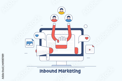 Online marketing magnet attracting new customer, online lead generation strategy, customer retention filled outline concept of inbound marketing, Vector illustration.