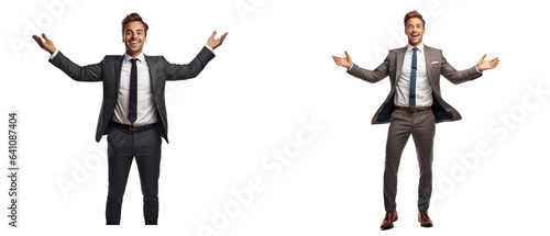 Businessman facing forward with arms wide open on transparent backgrounds . Generative AI