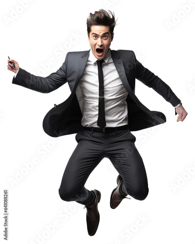 man in a suit jumping in the air with his arms outstretched on transparent backgrounds . Generative AI © Surasak-Art