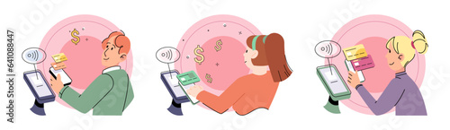 Cashless payment. Vector illustration. NFC-enabled devices calso be used for other applications like access control or ticketing Cashless transactions are traceable, which chelp in tracking expenses