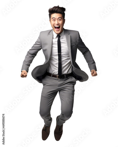 man in a suit jumping in the air with his arms outstretched on transparent backgrounds . Generative AI