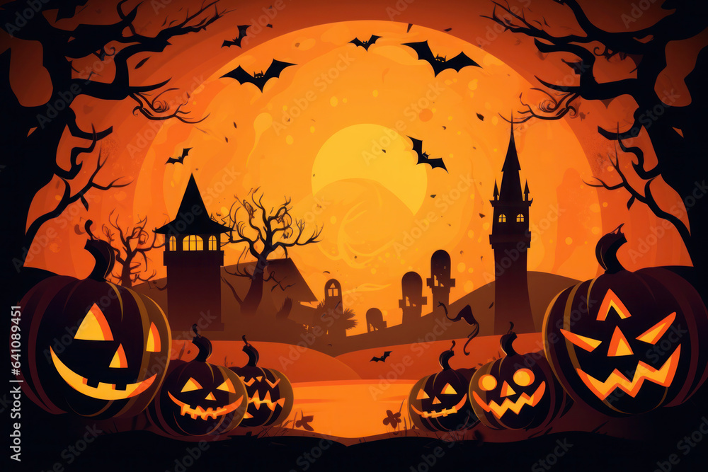 Halloween greeting card with pumpkins and scary house