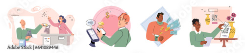 Cashless payment. Vector illustration. Touchless payment methods are compatible with wide range of devices, including smartphones and smartwatches Cashless payments contribute to reducing need
