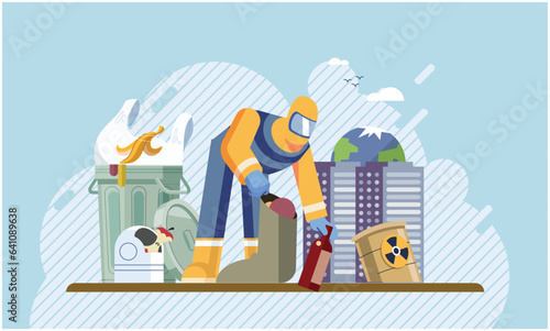 Environmental pollution with garbage and waste big problem due to human activities and unreasonable consumption. Man picking up garbage pile in container disposed on street exterior, littered city