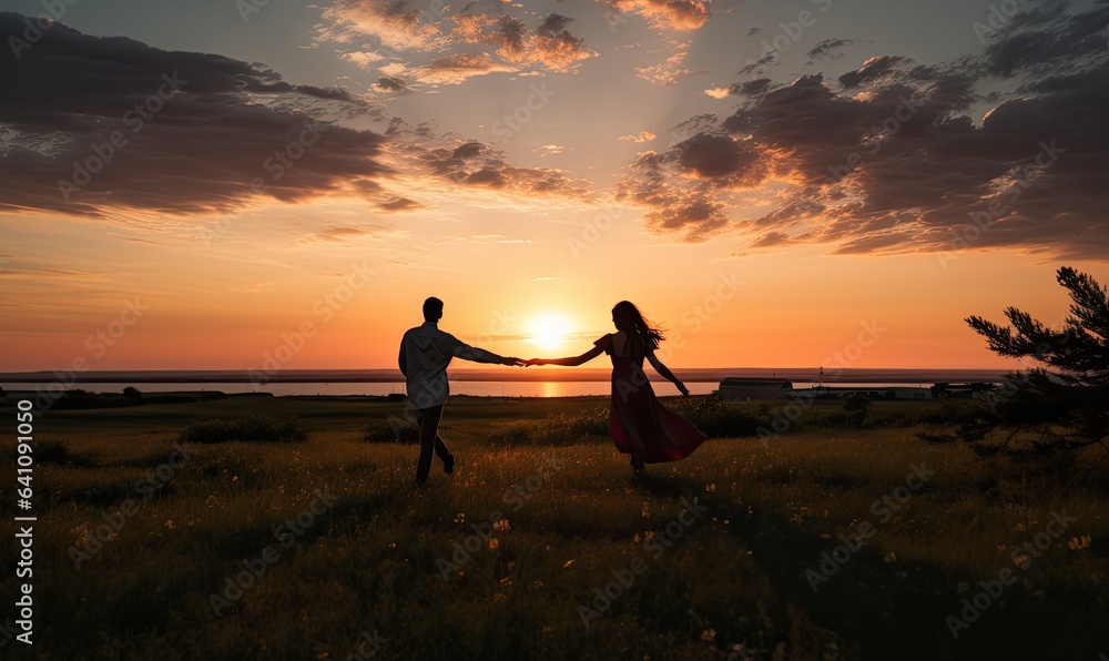 Photo of a couple holding hands at sunset