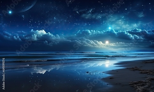 Photo of a serene night sky with twinkling stars and wispy clouds over a vast ocean © uhdenis