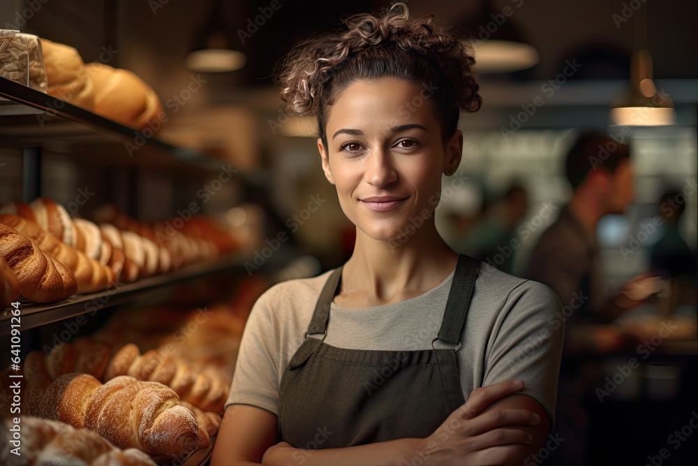 Portrait of a proud female baker at work. AI generative