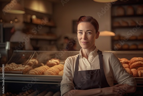 Portrait of a proud female baker at work. AI generative