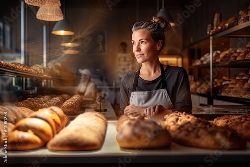 Portrait of a proud female baker at work. AI generative photo