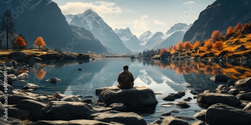 Land and Lake: The Meditative Stance of a Hiker Amidst Natural Beauty