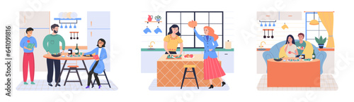 People cooking vegetarian food. Vector illustration. Homemade food, dinner, cozy atmosphere. Happy family cooking dinner together in modern kitchen. Parents and kids preparing lunch isolated on white