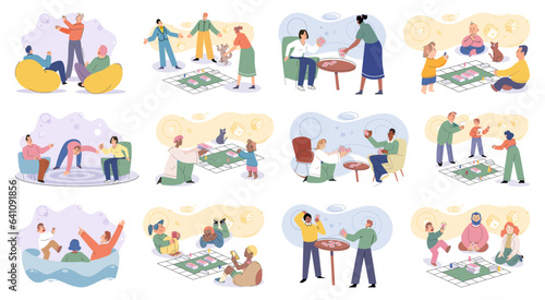 Game together. Family fun. Friendship time. Vector illustration. The characters in game came alive with each players unique strategies and actions Lets gather our friends and have game night full of