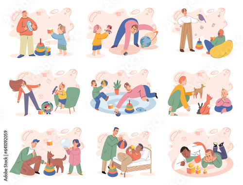 Game together. Family fun. Friendship time. Vector illustration. We had happy fun activity playing games and creating unforgettable memories Board games provide excellent opportunity for quality