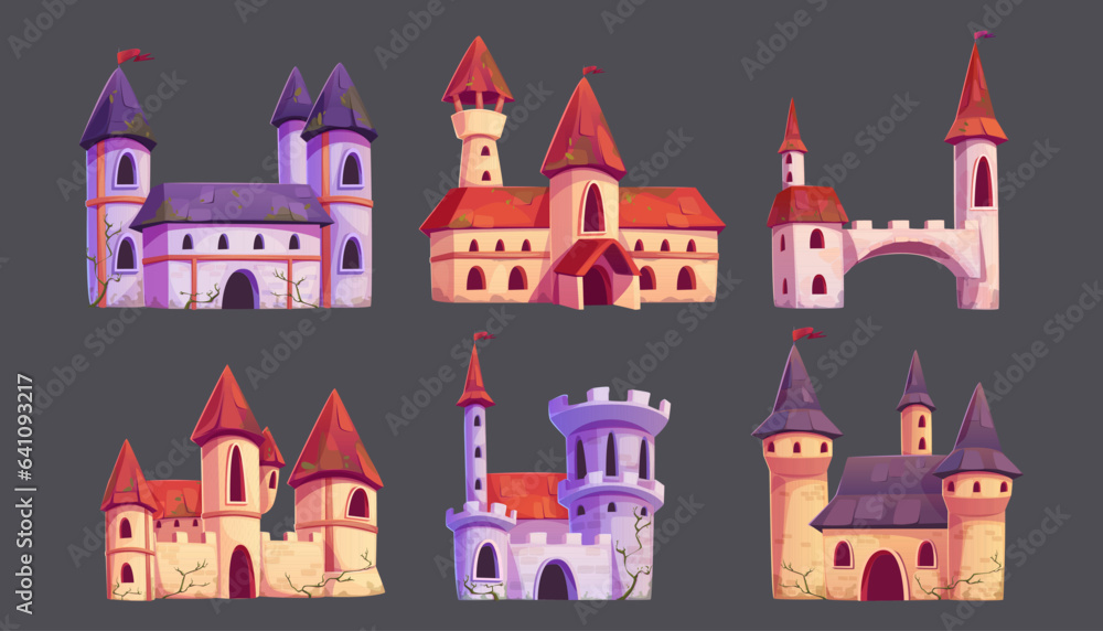 Set of medieval castles isolated on background. Vector cartoon illustration of ancient royal palaces with stone towers, arch windows and entrance gates, fairytale fortresses, game design elements