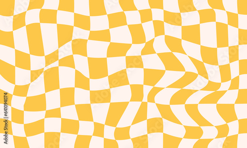 Seamless pattern psychedelic groovy checkered background. Retro illustration checkerboard with waves background.