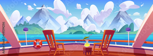 Cruise ship deck ocean view on mountain landscape cartoon background. Yacht boat railing in sea in summer scene. luxury vessel embankment with cocktail on table illustration. Safety rail and lifebuoy