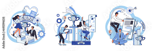 Team solving complex problems. Teamwork vector illustration metaphor. Coworkers characters communication Team building and business partnership concept Brainstorming team discuss about new project